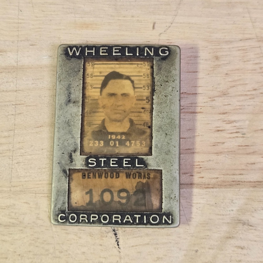 Vtg 1942 Wheeling Steel Martins Ferry Factory Employee Photo ID Metal Badge Pin